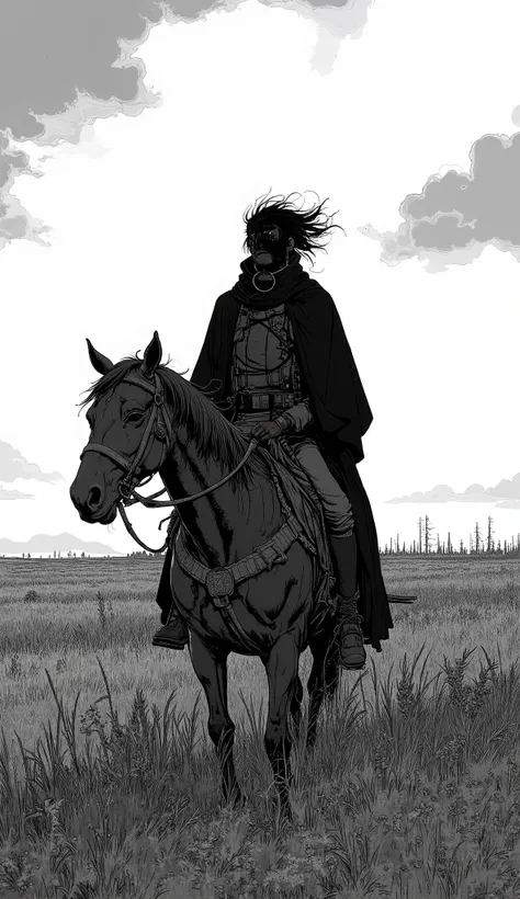 animated art of a man riding a horse in a field, Graphic novel Sandman, Bastien Yoshitaka Amano, Berserk Manga, Amano Yoshitaka Kaze , Amano Yoshitaka Vibe , Amano Yoshitaka Kaze , inspired by Amano, Mike Deodart Jr., tsutomu nihei art、black and white ...