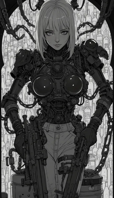 Anime characters with guns and lots of bottles in the background, Nia autoamata, The aesthetic of anime mecha, film still of 2b Nia automata, 2b Nia automata, Dead Man: Shiro in Wonderland, 2b, 2b ..., ( ( ( Yoshinari ) ) ), Nia : Enlarged photo of an ...
