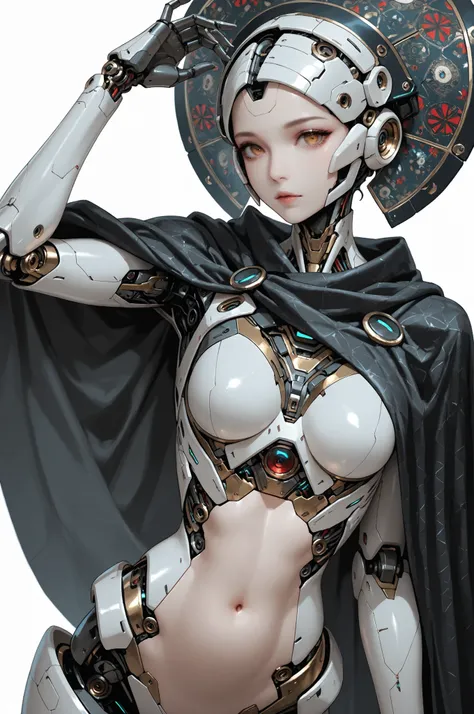 android, robot, cyborg, 1girl, headdress, black cape with pattern, Futuristic robot, beautiful cyborg girl, (((tummy is exposed))), white background, looking at viewer, hand up