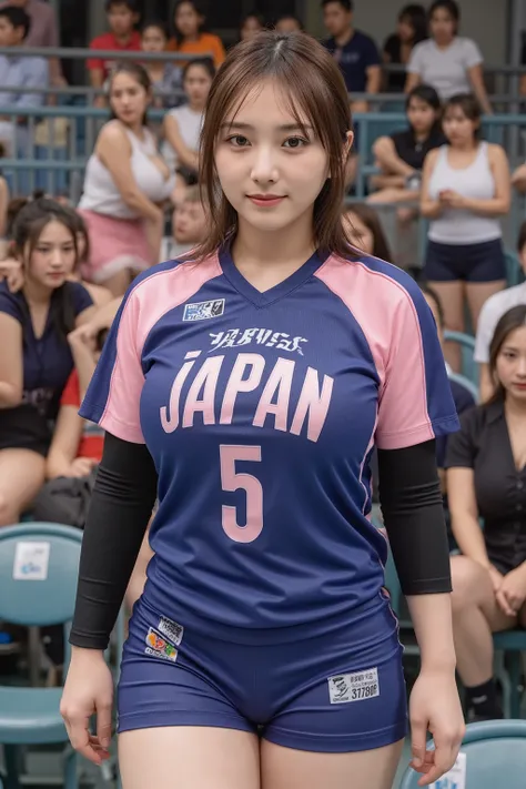 (Masterpiece, Best quality:1.4), (Ultra realistic, Photo-realistic:1.3), nsfw, (huge breasts), scrawny: 1.0, Showcasing cleavage, A professional volleyball player wearing a blue and pink jersey with the number "5" on it, labeled "AABBCC". She has a focused...