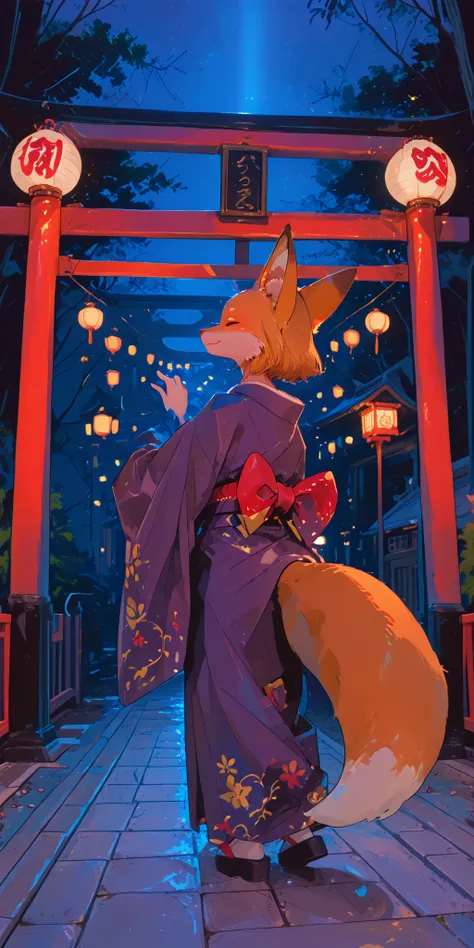 Background:Festival venue shrine,night,moonlight,In the precincts of Torii,Lots of Lanterns,Japanese Festival,specter,dancing,Smile Yan,Young Fox Woman,Japanese style sexy kimono,Big fox ears,big fluffy fox tail,Fox,front,Kar98k,dynamic poses,Backgroundは妖し...