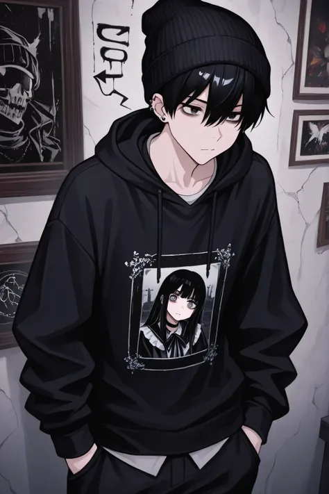 1girl, male focus, gothic male, black hair, piercings, beanie, masterpiece, best quality,absurdres , digital art style, drawn aesthetic, concept painting, ultrahigh definition,masterpiece, best quality, amazing quality, newest, very aesthetic,