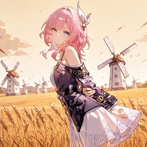 masterpiece, 1girl, rating:g, cyrene_\(honkai_star_rail\), cowboy shot, smiling, close mouth, long hair, arms_at_back, leaning_to_the_side, side view, head tilt, look at viewer, yellow sky, wheat field, windmill:0,7, (three_quarter_view: 1.2), (absurdres :...