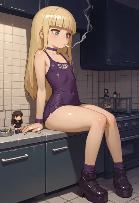 Pacifica Northwest, flat breasts, flat chest, skinny, huge hips, long hair, blonde hair, choker , | score_9, score_8_up, score_7_up, faux figurine, nendoroid, full body, figure, platform, solo, Anime, 1girl, masterpiece, best quality, high quality, high re...