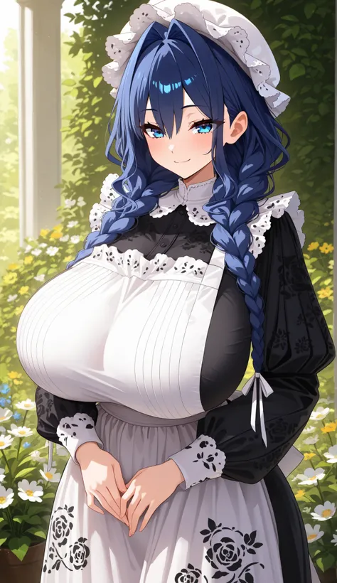 (SuperQuality:1.0),(masterpiece), amazing quality, high resolution, expressive face,smooth,4k,beautiful eyes,gigantic breasts, curvy,thick thighs,venus body, voluptuous body,Kr0niiM4id, blue eyes, blue hair, long hair, hair intakes, low twin braids, hair o...