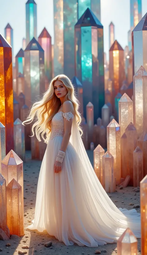 Amidst a fantastical landscape of giant, shimmering crystals, a woman stands gracefully with long, flowing blonde hair cascading over her shoulders. She wears an elegant white gown that features intricate detailing on the fitted bodice and a voluminous ski...