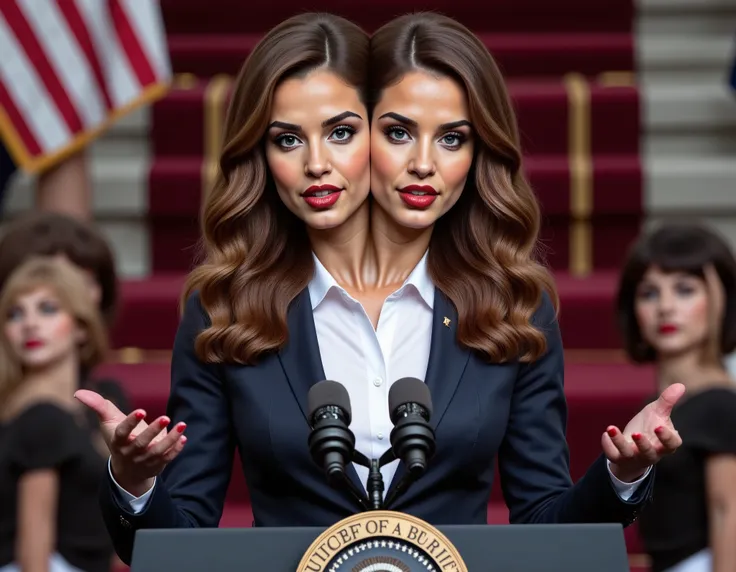 realistic face three headed woman with brown wavy hair and blue eyes a in business suit, us president, very fit, two heads, conjoined twins, white polo shirt, big boobs, speaking at podium, podium with potus seal, inaguration, us capitol, us flag pin on bl...