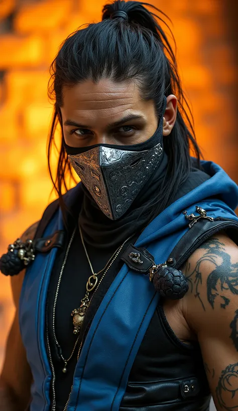 Ultra-realistic 8K cinematic render of Sub-Zero from Mortal Kombat, young warrior with long black hair tied back, wearing a detailed metallic silver mask with intricate engravings, intense gaze, dressed in traditional blue ninja armor with black accents an...