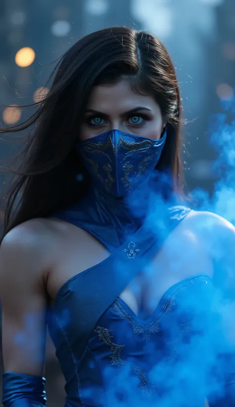 Ultra-realistic 8K cinematic close-up of Alexandra Daddario as Kitana from Mortal Kombat, extreme focus on her face, wearing a detailed metallic mask in shiny blue with subtle silver accents, fierce eyes visible through the mask, hair flowing dramatically ...