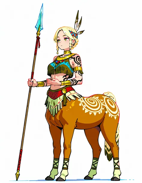 (((masterpiece))), (((Best Quality))), ((Ultra-detailed)), (anime Illustration), ((extremely delicate and beautiful)), solo, Full body, Fantasy race, female monsters, centaur lancer girl, pale gold short-braided hairstyles, spellbinding body tattoos, brown...