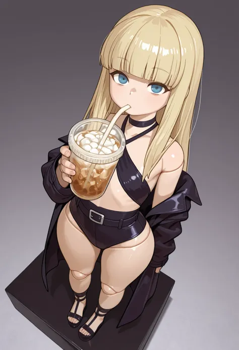 Pacifica Northwest, flat breasts, flat chest, skinny, huge hips, long hair, blonde hair, choker , | score_9, score_8_up, score_7_up, faux figurine, nendoroid, full body, figure, platform, solo, Anime, 1girl, masterpiece, best quality, high quality, high re...