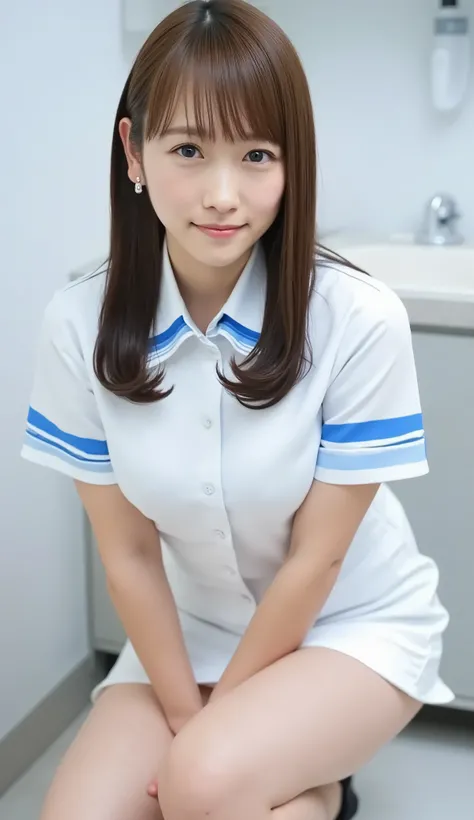 live-action、shot with a Canon EOS R5, 50mm lens, f/2.8 apertur、(masterpiece,best quality:1.4)、Highest Quality、ultra high definition、8k、Inside the hospital、 Examination Room、(undressing:1.3)、Crouching with one knee on the floor、gesture of crouching and taki...