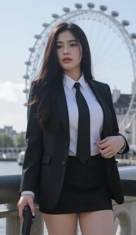 A portrait image shows a young, beautiful Korean-Thai secret agent holding a gun, like James Bond, on the embankment of the Thames, with the iconic London skyline behind her, in a vivid style.
She has a long, fluffy haircut, showing off her narrow forehea...