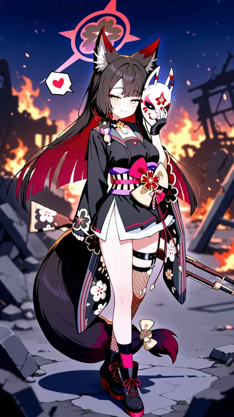 best quality, masterpiece, high resolution, 1girl, solo, night, outdoors, ruins, burning, blurry background, standing, fox mask, unworn mask, hand on mask, holding mask, rifle, holding weapon, hand on rifle, arm towards side, from forward, full body, looki...