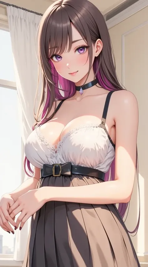  (masterpiece,    computer, mejor quality,    Clear focus, shadow, of the rays of God, ultra high resolution, 8K, anatomía perfecta, rostro perfecto, (detailed face), (detailed eye), score_9, score_8_above, score_7_above, score_6_above, score_5_above, score_4_above, kilde_ animated, Label 1, Label2, quality_masterpiece,  anatomically correct , beautiful face, rostro perfecto, Beautiful and highly detailed face and eyes,    Attractive Face   , detailed face, delicate facial features, bare shoulders, enormes pechos, breast size cup D or DD, wide hips, gigantic butt, thick thighs. looking at the viewer. fantastic environment. anime-style illustration with an elegant, slim build and pronounced bust, with an attractive appearance and a shy expression, with blushed cheeks and a look to the side. She has long hair in shades of gradient from dark brown to pink violet, with a fringe long bra that partially covers one of her eyes. His eyes are big, of bright purple color, conveying an air of sweetness and shyness. She wears an elegant lingerie set in shades of white, black and gray with lace details. Her white bra with floral lace framed in black, her bust, while wearing a semitransparent black garment with a red ribbon in the center that falls on her abdomen. completes the outfit, a black panties with thin straps and details in red. Besides, wears a black choker-type necklace fitted to the neck, which adds a sensual and modern touch. The young woman is standing in a room illuminated by natural light that enters through white curtains. The art style is highly detailed, with a focus on soft skin tones, realistic glows on the hair and clothing, and a warm and welcoming environment.