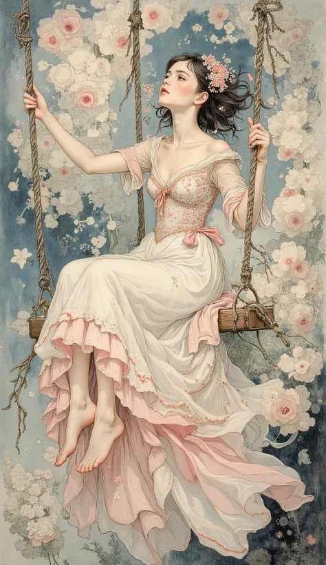 Painting,Nikolay Feshin, Hans Hartung , Yellena James, Eugene Samuel Grasset, Daniel Egneus, Egon Schiele, Lev Bakst,
female image, expressive gestures, dynamic pose, A girl sings on a flying swing. Sings selflessly, impressively. Around her is a dance ...