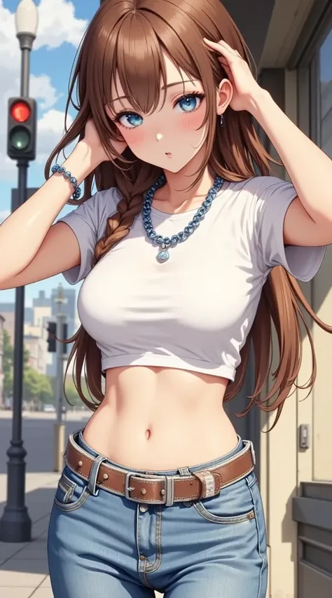  (masterpiece,    computer, mejor quality,    Clear focus, shadow, of the rays of God, ultra high resolution, 8K, anatomía perfecta, rostro perfecto, (detailed face), (detailed eye), score_9, score_8_above, score_7_above, score_6_above, score_5_above, score_4_above, kilde_ animated, Label 1, Label2, quality_masterpiece,  anatomically correct , beautiful face, rostro perfecto, Beautiful and highly detailed face and eyes,    Attractive Face   , detailed face, delicate facial features, bare shoulders, enormes pechos, breast size cup D or DD, wide hips, gigantic butt, thick thighs. mirando al espectador. fantastic environment. anime-style illustration with an elegant, slim build and pronounced bust, looking flirty with long brown hair and blonde locks, hairstyle partly loose and with a side braid. Her eyes are large and bright blue, with playful expression. She has fair skin and is blushed on the cheeks. She wears a wide brown necklace with a blue metallic buckle. She wears a tight white short-sleeved crop top that highlights her bust and reveals her flat abdomen. She wears low-rise blue jeans with marked seam details, adorned with a silver chain as a belt. The background shows a daytime urban scene with modern buildings, traffic signs and a street, giving the impression that the girl is in a city. The lighting is clear and natural, reinforcing the detailed and shiny style characteristic of anime digital art.