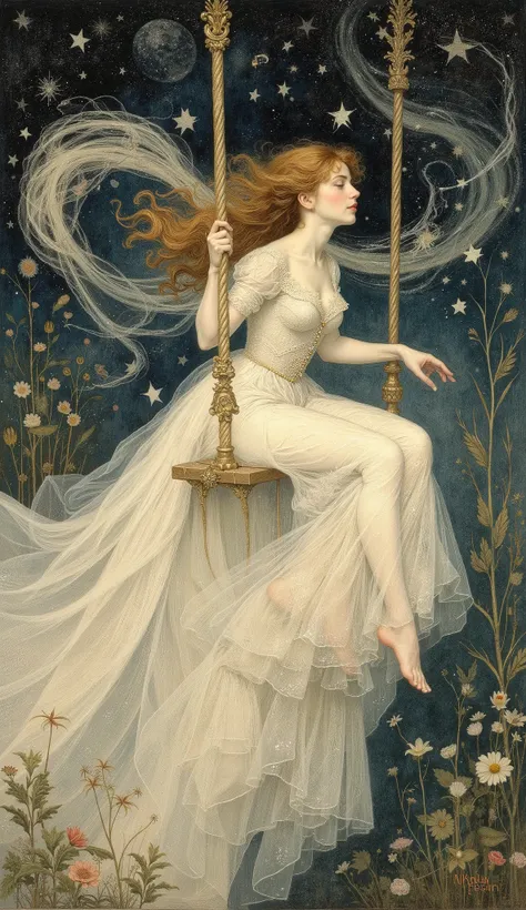 Painting,Nikolay Feshin, Hans Hartung , Yellena James, Eugene Samuel Grasset, Daniel Egneus, Egon Schiele, Lev Bakst,
female image, expressive gestures, dynamic pose, A girl sings on a flying swing. Sings selflessly, impressively. Around her is a dance ...