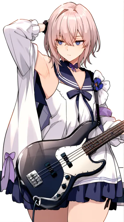 masterpiece, best quality, newest, absurdres, highres, detailed eyes, 1girl, mature, solo, light-white pink hair, short hair, wolf cut, double-parted bangs, swept bangs, single hair intake, hair between eyes, cool serious eyes, dark-blue eyes, flat chest, ...