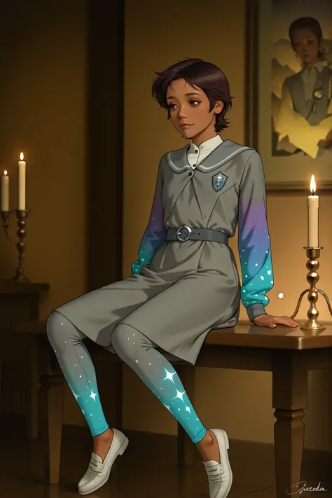 high quality, photorealistic, detailing, Luz Noseda's signature style, short brown hair, brown eyes shine in the twilight, dark skin, school uniform with colorful sleeves, colorful leggings, grey tunic with a dark belt, white loafers , sits at a table in a...