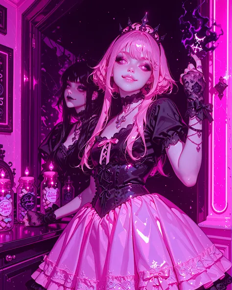 Elegant gothic coquette girl, pale skin, slim and tall body. She wears a pink coquette-style outfit (short frilly dress with lace, satin ribbons, pastel pink fabric), mixed with gothic elegance: black lace gloves, black choker with silver pendant, multiple...