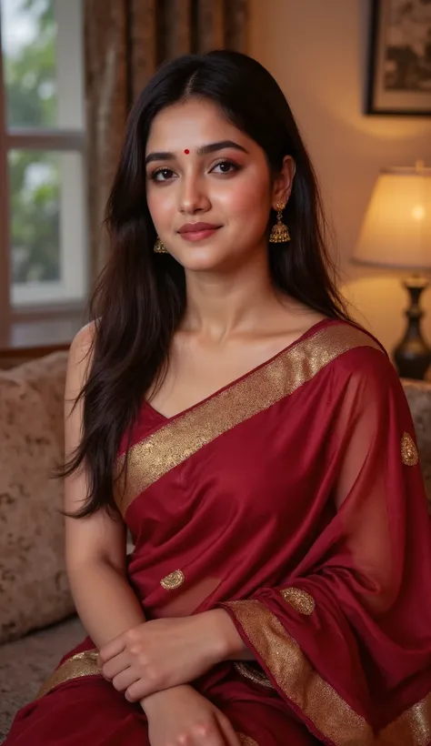 A beautiful young Indian woman sitting gracefully indoors on a sofa, wearing an elegant deep red silk saree with a subtle golden border. The saree is neatly draped over her shoulder, showing refined traditional styling. She has long, straight, and shiny bl...