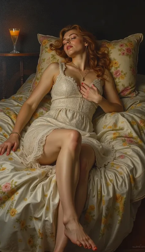 created a painting with oil painting with huge details , In the style of the artist Leonardo Davinci , The art of the era of European Renaissance ,  A fully detailed painting of a woman sleeping on her back above the bed with her head on a decorative pillo...