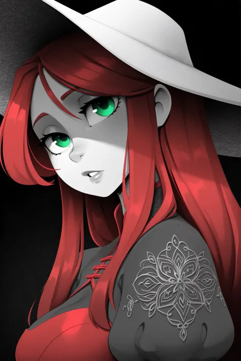 napkib,(masterpiece, best quality, ultra-detailed, absurdres, newest, detailed textures, correct anatomy, very aesthetic:1),    Ariel \(disney\) red hair, green eyes, long hair, medium breasts, 1girl, wide-brimmed hat, looking at viewer, parted lips, black...