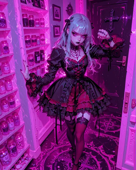 Gothic coquette girl, pale skin, slim and elegant but strong body. She wears a red coquette-style outfit (short frilly dress with lace, ribbons, stockings, delicate fabric) with a gothic twist: black lace details, gothic chokers, layered necklaces with cro...