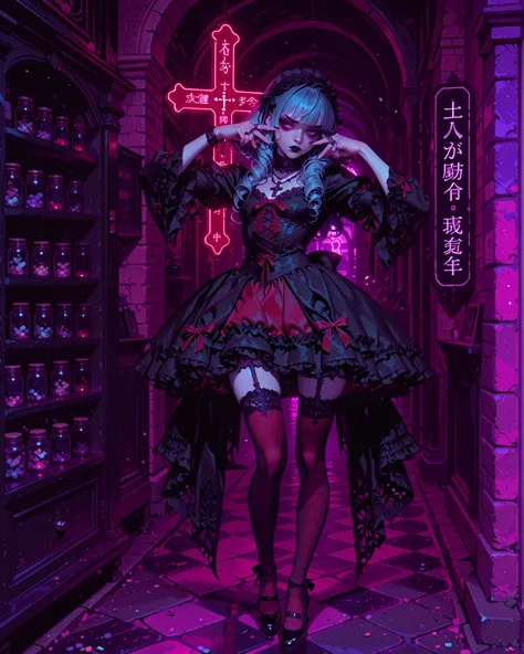 gothic coquette girl, pale skin, slim and elegant yet strong body. She wears a red coquette-style outfit (short frilly dress with lace, ribbons, stockings, and delicate fabric) but with a gothic twist: black lace accents, gothic chokers, layered necklaces ...