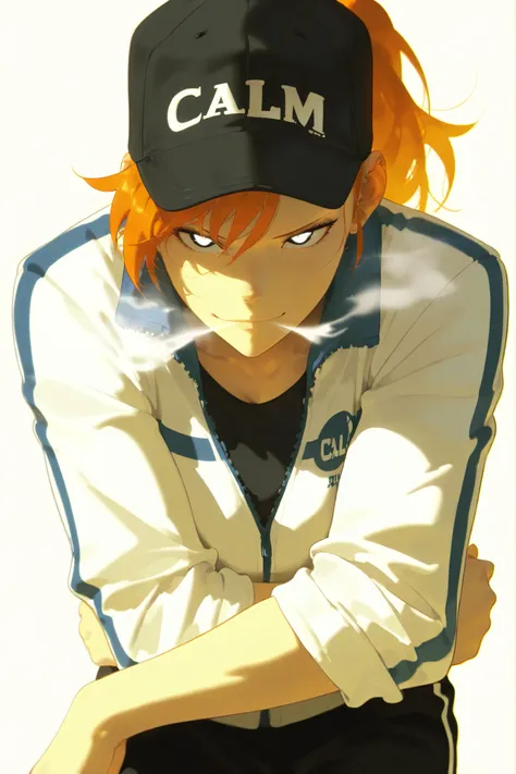 Beautiful, athletic body, toned body, alone, female, long orange hair in ponytail, black cap, blue  black eye, white sport jacket With the sleeves rolled up , zipped jacket, black pants , intricate sketch, expressive eyes, nose and mouth, Relaxing breath (...