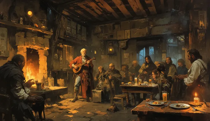 Frank Frazetta style ,In the style of chargen_concept_art image of,art,oil painting,painting
scene: Cozy medieval tavern, bustling with adventurers of all races and classes, wooden tables crowded with mugs of ale and plates of food, a charismatic bard on ...