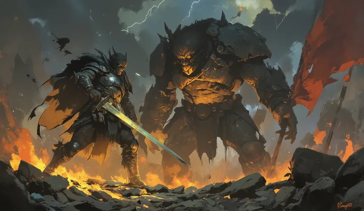 Frank Frazetta style ,In the style of chargen_concept_art image of,art,oil painting,painting,A digital painting of an epic high fantasy battle scene, a human warrior in gleaming steel armor, determined expression, wielding a glowing longsword, locked in co...