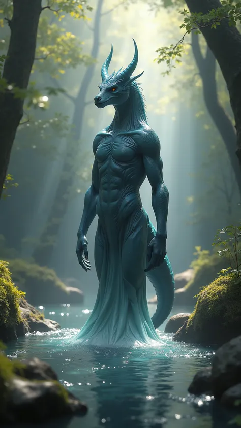highdefinition image、image of the legendary kelpie、「Kawama」medium water demon、standing like floating in a forest river、 A Dignified Appearance 