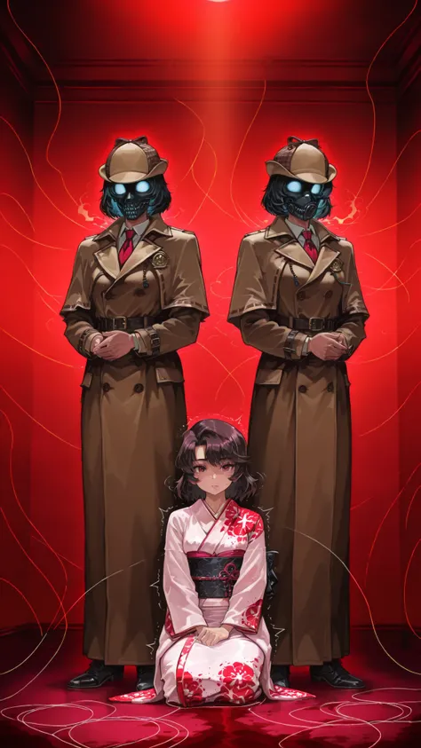 perfect finish, Superb quality , detailed description, Detective, Thread, Dual-Faced Expression, High-class kimono, intellectual atmosphere, Eyes Concealed Insanity, Shaking shoulders, Tense Posture, Luxurious Japanese-style Room, Proof with Blood Stains, ...