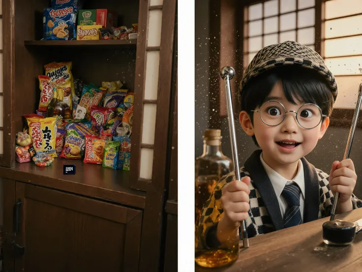 Left panel:
A young child detective, around 10 years old, wearing small round glasses, a slightly oversized detective hat, and a checkered cloak. Holding shiny silver dowsing rods, the child opens a wooden cupboard inside an old Japanese-style living room....