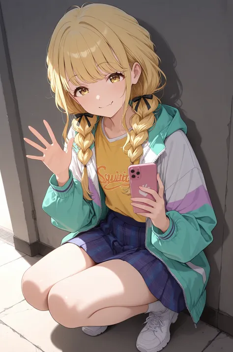 1girl,fujita kotone,gakuen idolmaster,safe,skin fang,yellow eyes,blonde hair,long hair,twin braids,hair ribbon,multicolored jacket,yellow shirt,blue plaid skirt,flat chest,smile,crouching,knees together,waving one hand,holding smartphone,looking at viewer,...