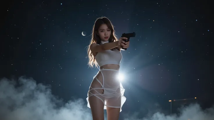 (((low angle view))), a naked 19-year-old woman under the beautiful starry sky, divine atmosphere, foggy, large-breast:1.2, (((side boob))), transparent:0.1 short:0.1 white shift dress, slim:0.6 body, cold face, slim face, (((aiming viewer with pistol))), ...