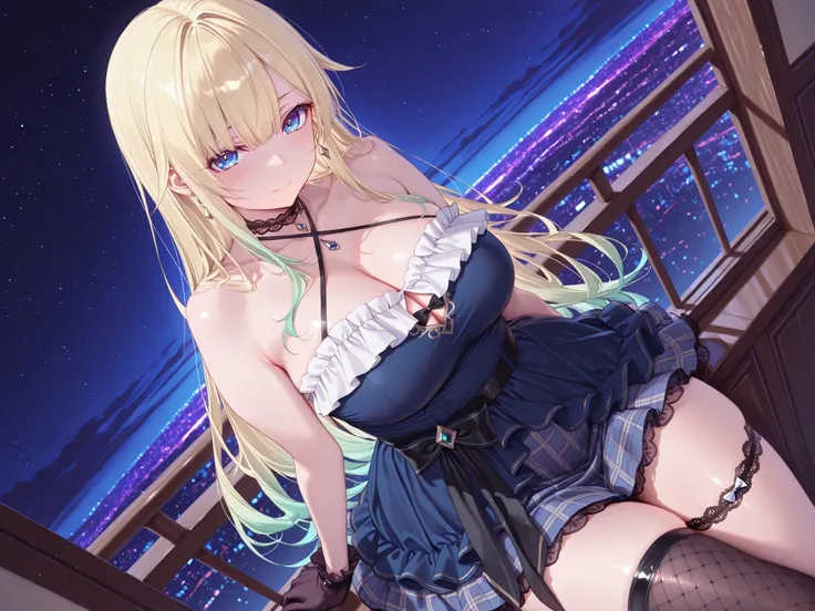 solo,masterpiece,best quality,super fine illustration、finely detail 、clear picture、UHD、HDR, amazing quality, highres, absurdres, very aesthetic, high resolution, ultra detailed, perfect details,vspoema,large breasts,blonde hair,gradient hair,long hair,earr...