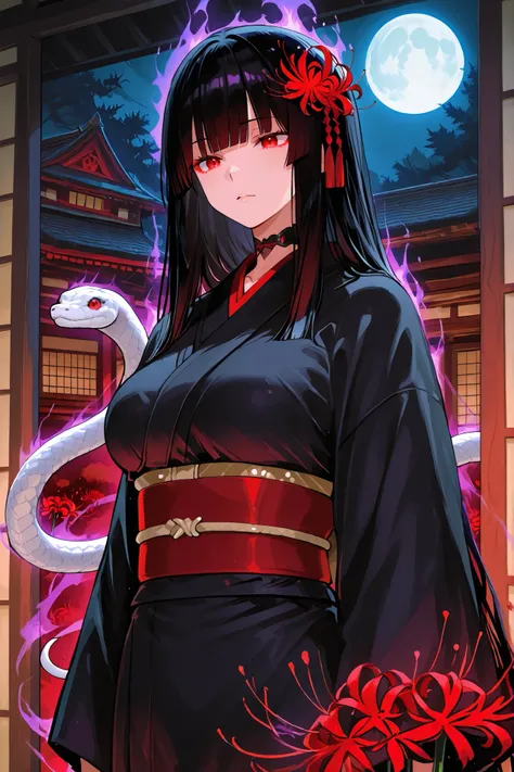 Woman. Black hair. Long hair. Straight bangs. Red eyes. Stylish expression. Red spider lily hair accessory. Japanese kimono. Japanese monk costume. Black costume. Red decoration. Snake entanglement. White snake. Purple fire aura with snake. Night. Forest. ...
