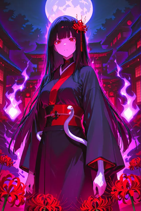 Woman. Black hair. Long hair. Straight bangs. Red eyes. Stylish expression. Red spider lily hair accessory. Japanese kimono. Japanese monk costume. Black costume. Red decoration. Snake entanglement. White snake. Purple fire aura with snake. Night. Forest. ...