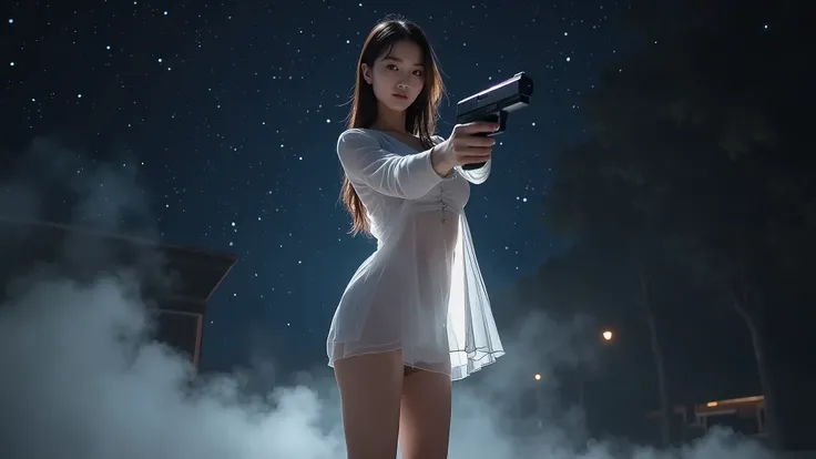 (((low angle view))), a naked 19-year-old woman under the beautiful starry sky, divine atmosphere, foggy, large-breast:1.2, (((side boob))), transparent:0.1 short:0.1 white shift dress, slim:0.6 body, cold face, slim face, (((aiming viewer with pistol))), ...