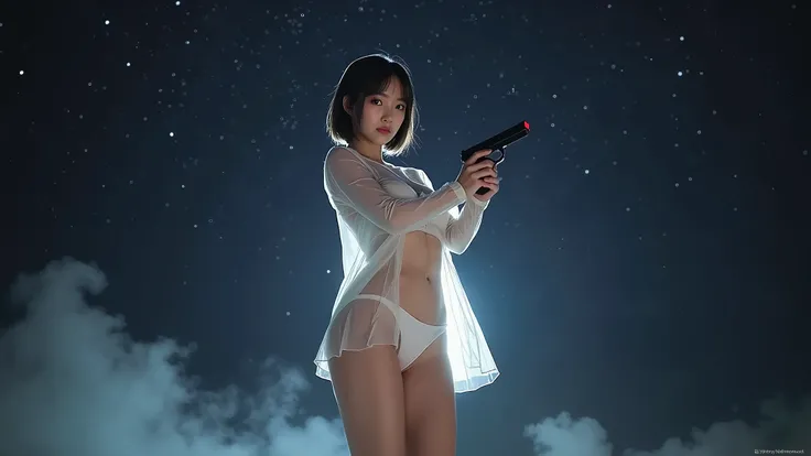 (((low angle view))), a naked 19-year-old woman under the beautiful starry sky, divine atmosphere, foggy, large-breast:1.2, (((side boob))), transparent:0.1 short:0.1 white shift dress, slim:0.6 body, cold face, slim face, (((aiming viewer with pistol))), ...