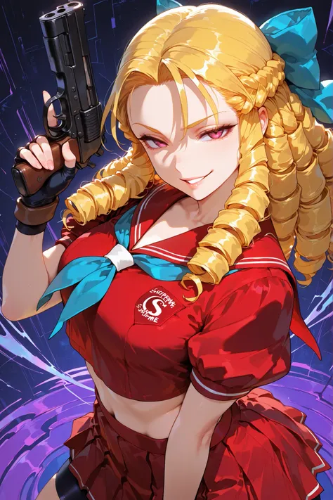 1girl, Karin Kanzuki, blonde hair, drill hair, hair bow, red sailor collar, short sleeves, red shirt, puffy short sleeves, blue neckkerchief, midriff, red skirt, shorts under skirt, fingerless gloves, good anatomy, standing, abstract background, looking at...