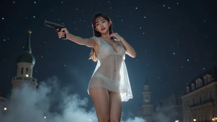 (((low angle view))), a naked 19-year-old woman under the beautiful starry sky, divine atmosphere, foggy, large-breast:1.2, (((side boob))), transparent:0.1 short:0.1 white shift dress, slim:0.6 body, cold face, slim face, (((aiming viewer with pistol))), ...