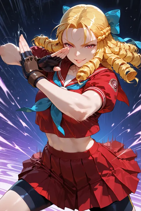 1girl, Karin Kanzuki, blonde hair, drill hair, hair bow, red sailor collar, short sleeves, red shirt, puffy short sleeves, blue neckkerchief, midriff, red skirt, shorts under skirt, fingerless gloves, good anatomy, standing, abstract background, looking at...