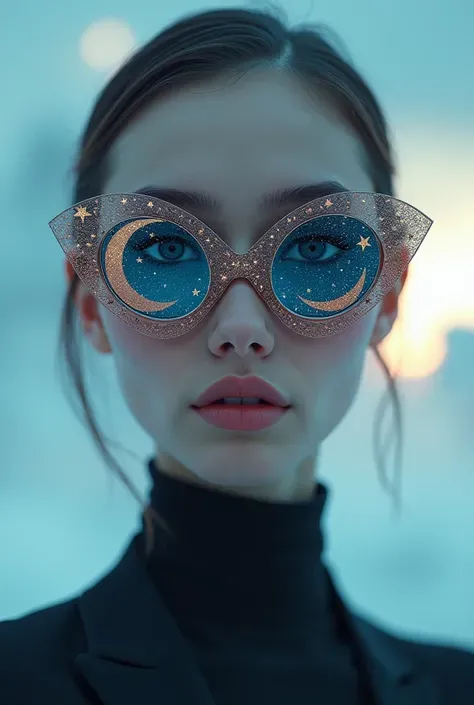 The model is wearing glass sunglasses，with stars and moon on the lenses