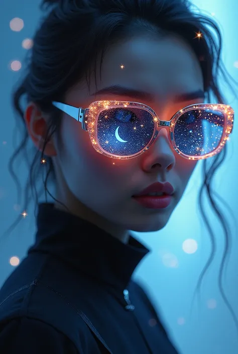 The model is wearing glass sunglasses，with stars and moon on the lenses