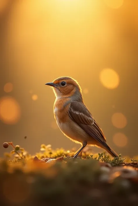 A charming close-up photo,shows a beautiful bird,illuminated by soft golden light on a quiet morning,with a bokeh ball gently framing its petite body