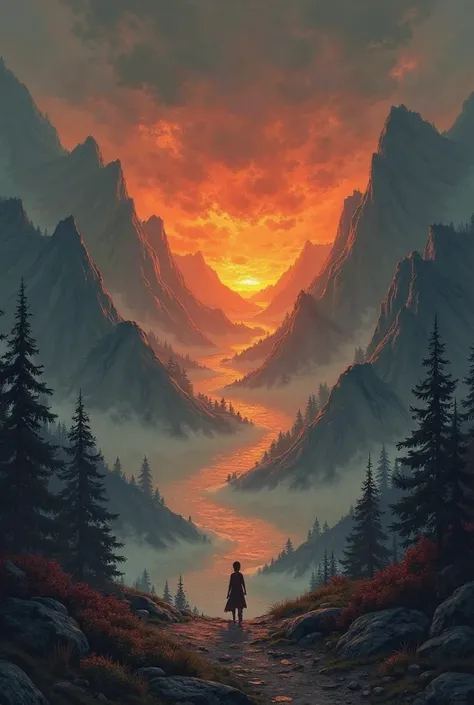 The Curse of Fire (Backstory / Introduction)
Setting: Narration of Zuroh’s past, a dim mountain landscape with storm clouds.
Action: The elders banish children born with fire.
Focus: Nyara survives in the mountains, growing with the flames that love her